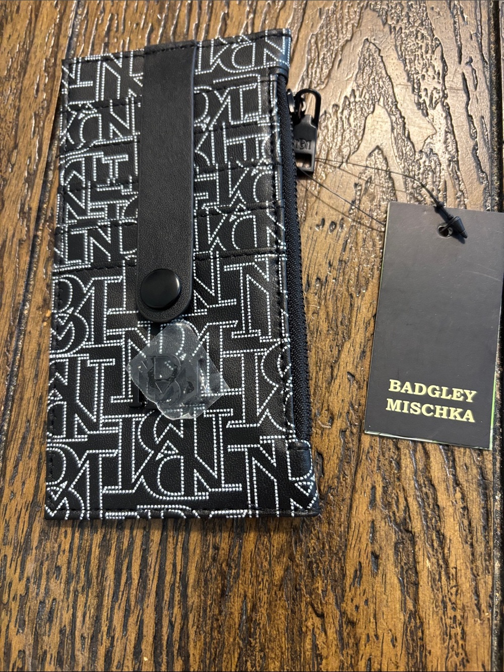 Badgley Mischka Black Logo Print Zip & Snap card holder